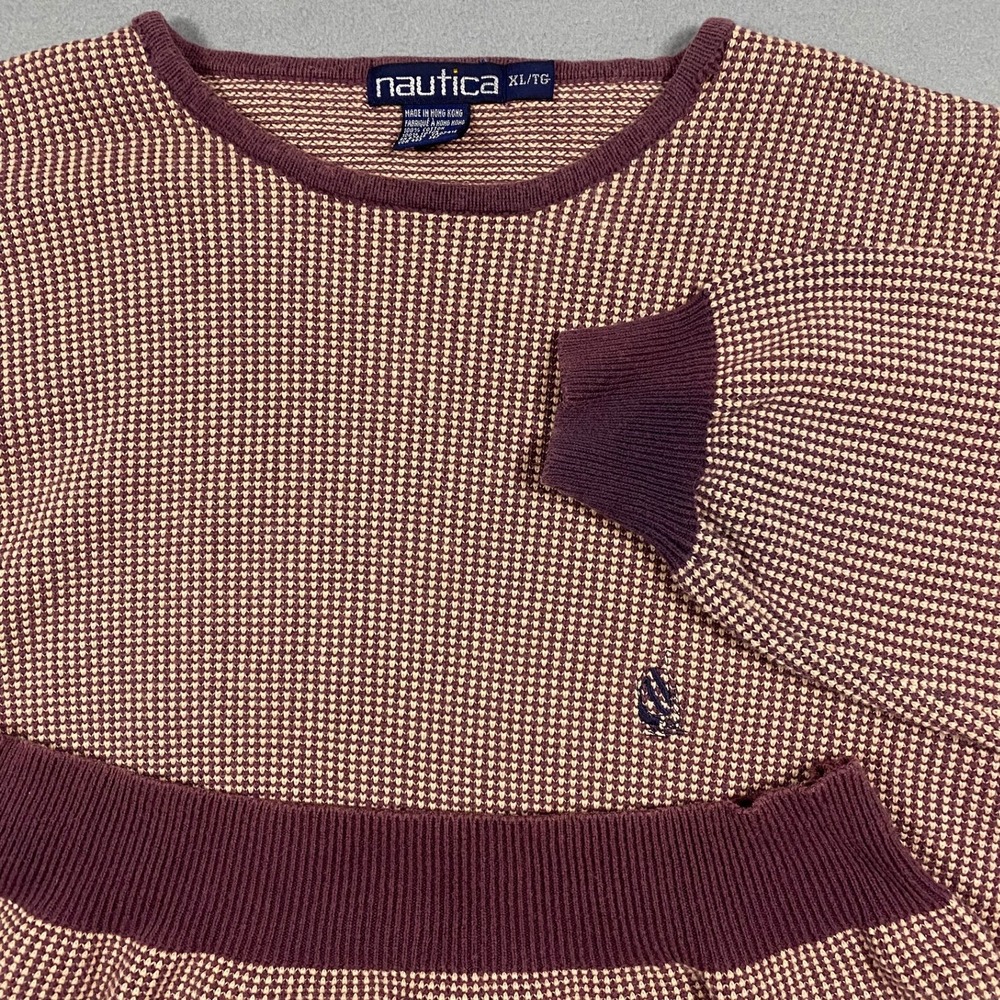 Vintage Nautica Mens XL Burgundy Cotton Micro‎ Knit Crewneck Sweater Long Sleeve